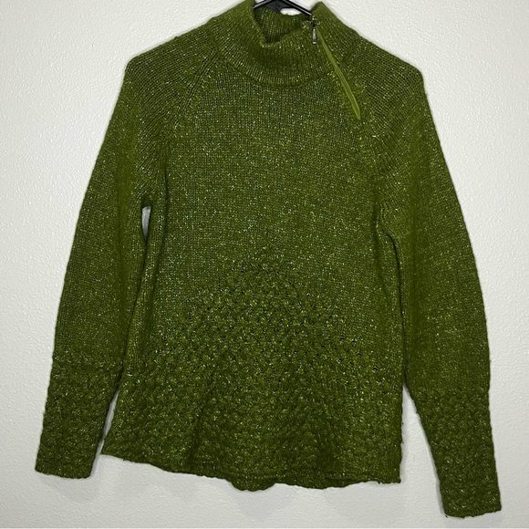 Royal Robbins Sweater Women Large Green High Neck Wool Blend Braided Zipper - Picture 1 of 11